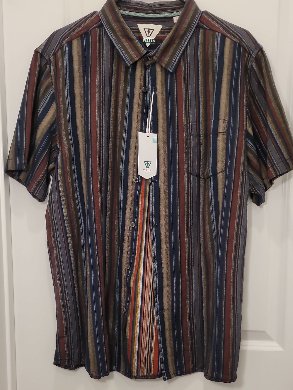 VISSLA Vertical Stripe Short Sleeve Button-Up in Earth Tones